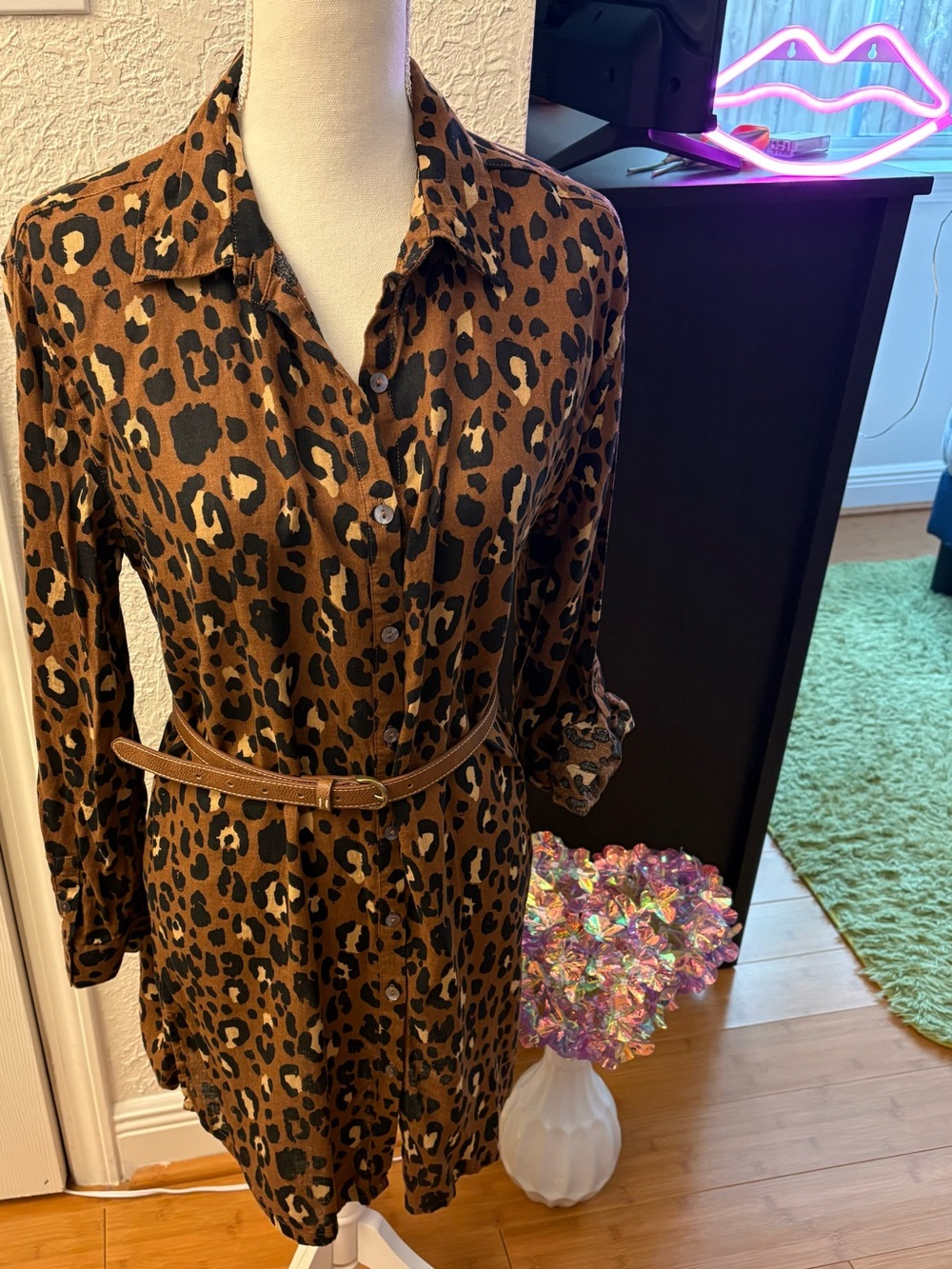Cynthia Rowley Leopard-Print Long Sleeve Shirt Dress in Brown and Black